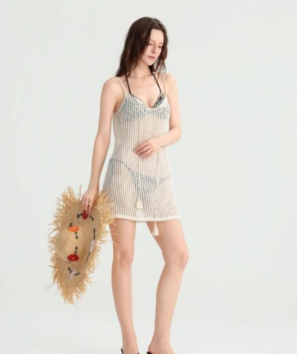 Bohemian Sheer Knit Strap Beach Cover-Up, Off-White V-Neck Tassel Hem Mini Dress, Summer Island Bikini Outerwear Vacation Dress.