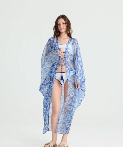 Blue mandala beach kimono with tassel front tie