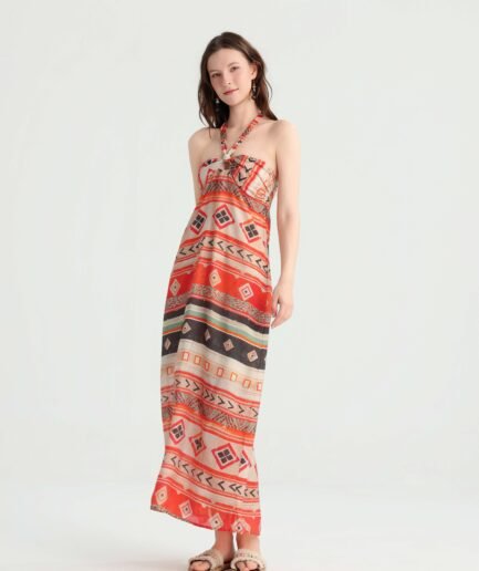 Geometric print halter maxi dress front view