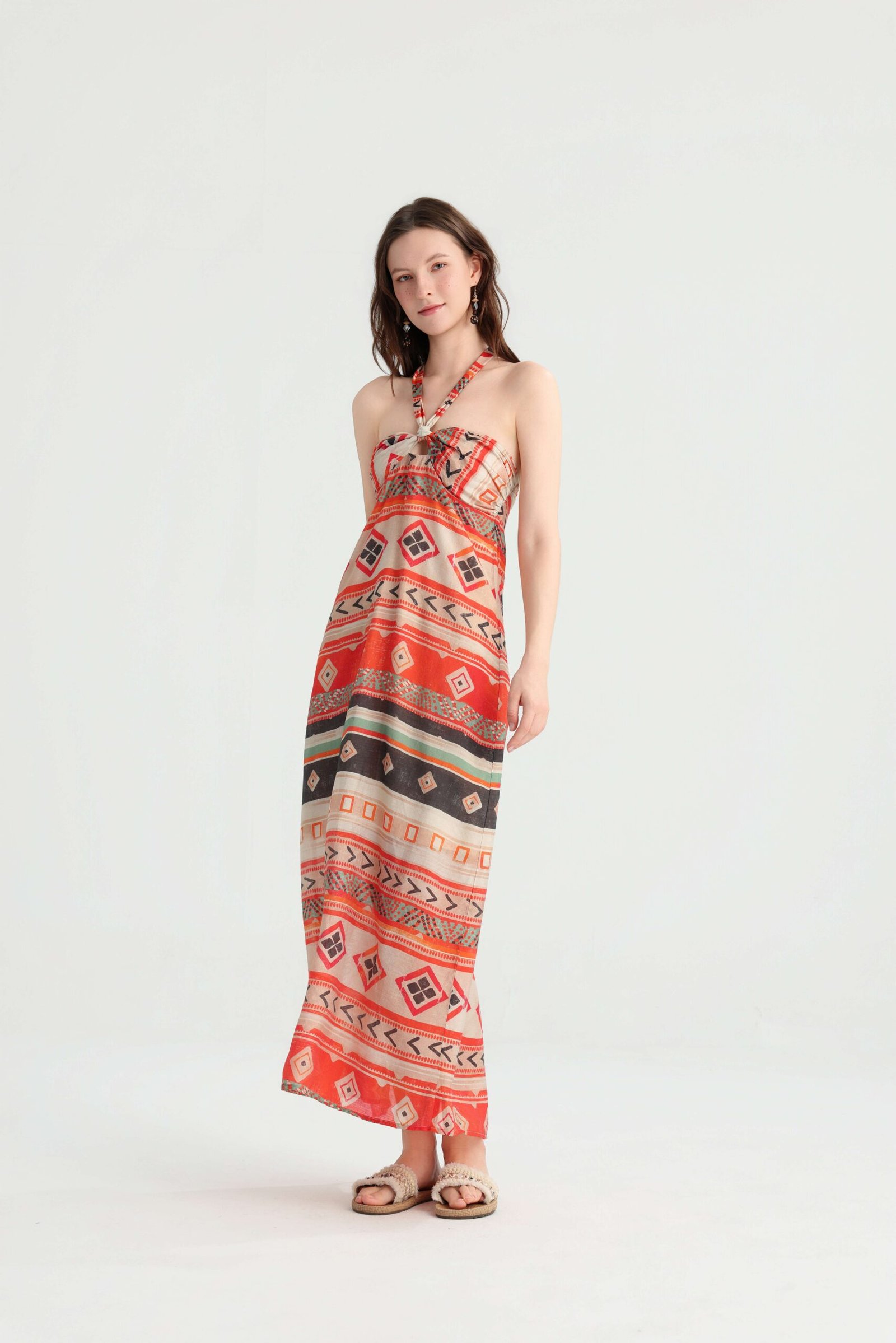 FT626552 Geometric print halter maxi dress front view