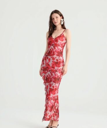 Red rose print spaghetti strap maxi dress front view
