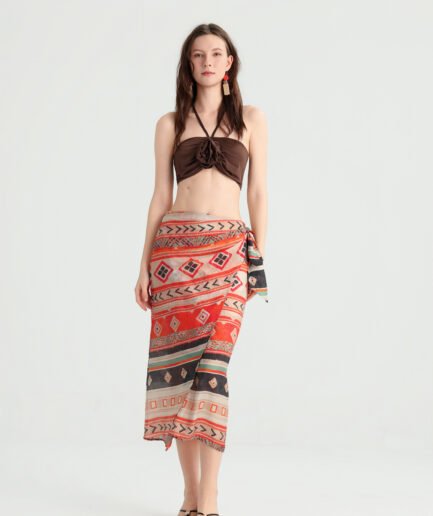 Geometric wrap midi skirt with red-orange striped print