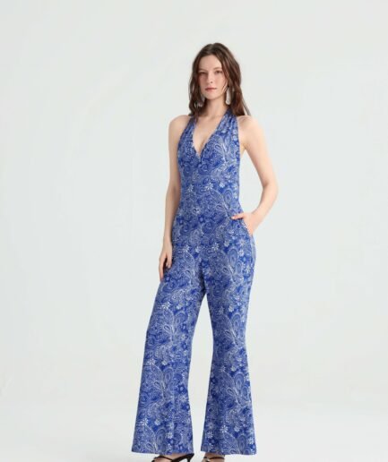 Blue paisley halter jumpsuit with wide legs